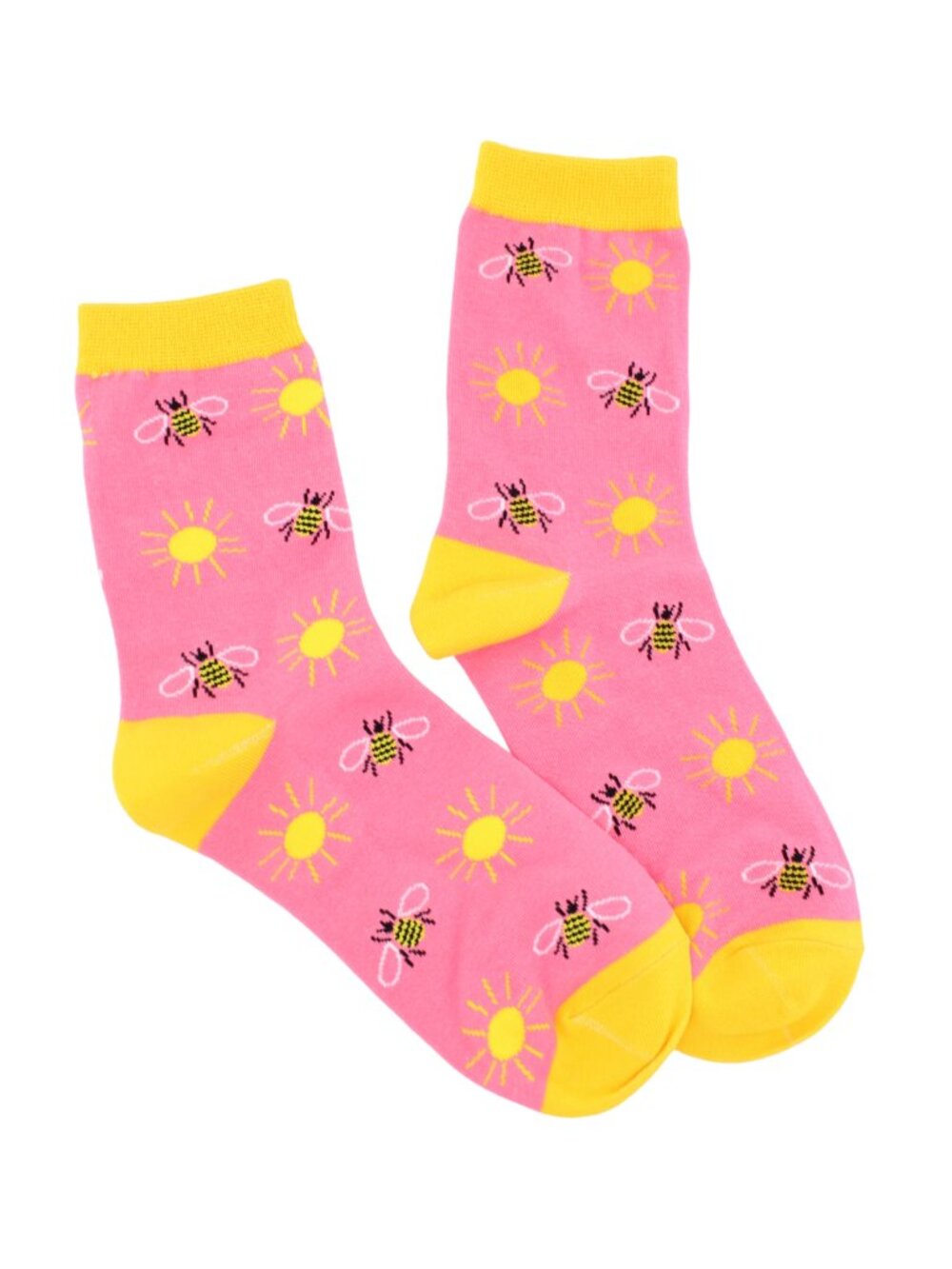 Women's Coral Pink & Yellow Sun & Bee Cotton Crew Socks